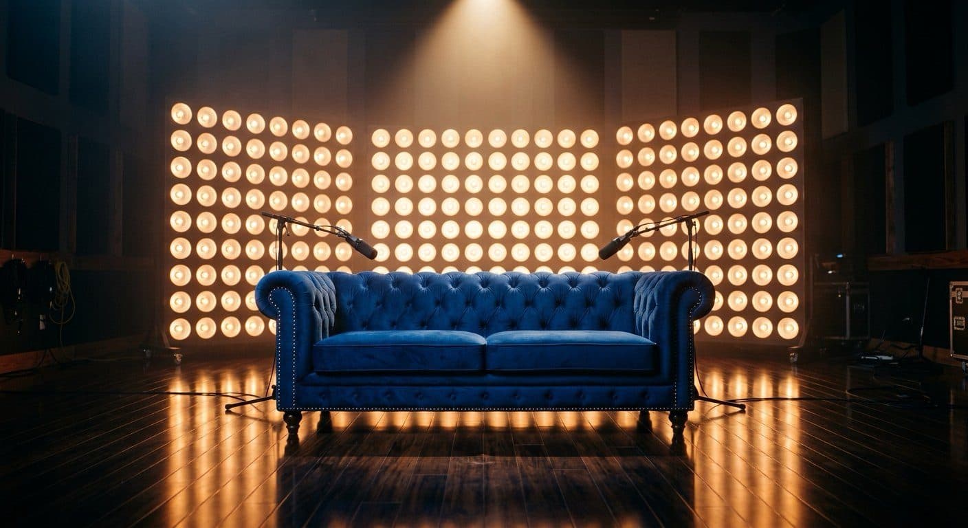 The Blue Couch on the Reallyfe Street Starz set, lit by the amber lightwall